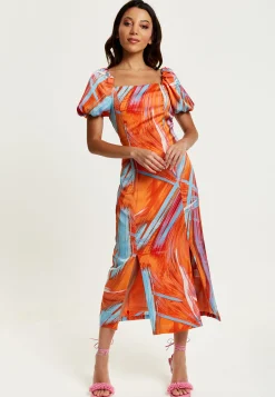 Women's Midi Dress in Orange with Puff Sleeves and Square Neck - Liquorish