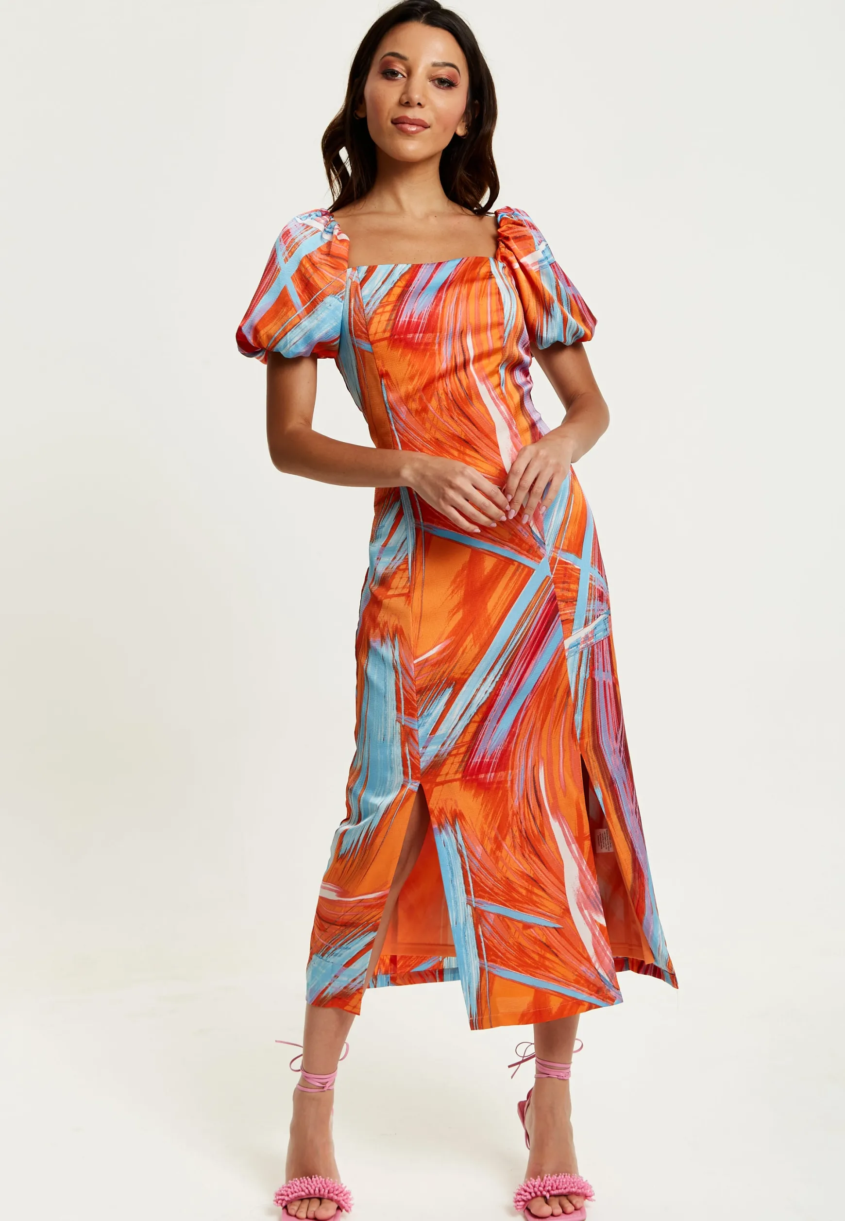 Women's Midi Dress in Orange with Puff Sleeves and Square Neck - Liquorish