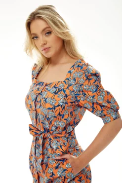 Women's Midi Dress in Orange Floral with Short Sleeves and Waist Tie - Liquorish