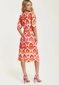 Women's Midi Dress in Orange and Pink with Knot Front, V Neck, Short Sleeves, and Front Slit - Liquorish