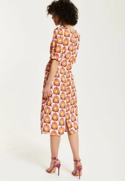 Women's Midi Dress in Orange Floral with Knot Front and Short Sleeves - Perfectly Chic by Liquorish