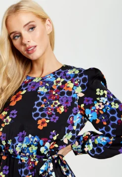 Women's Midi Dress in Orange and Blue with Long Balloon Sleeves - Liquorish