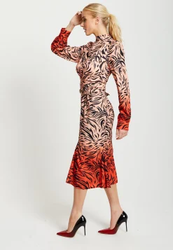 Women’s Midi Dress in Orange and Nude with Long Sleeves and Draped Waist Detail, Liquorish
