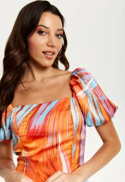 Women's Midi Dress in Orange with Puff Sleeves and Square Neck - Liquorish