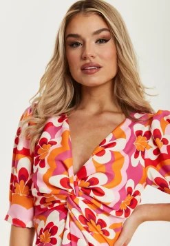 Women's Midi Dress in Orange and Pink with Knot Front, V Neck, Short Sleeves, and Front Slit - Liquorish