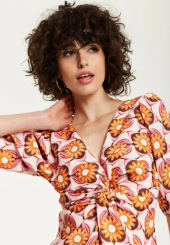 Women's Midi Dress in Orange Floral with Knot Front and Short Sleeves - Perfectly Chic by Liquorish