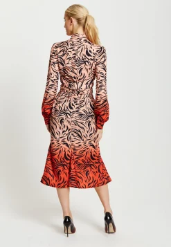 Women’s Midi Dress in Orange and Nude with Long Sleeves and Draped Waist Detail, Liquorish