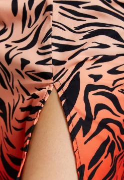 Women’s Midi Dress in Orange and Nude with Long Sleeves and Draped Waist Detail, Liquorish