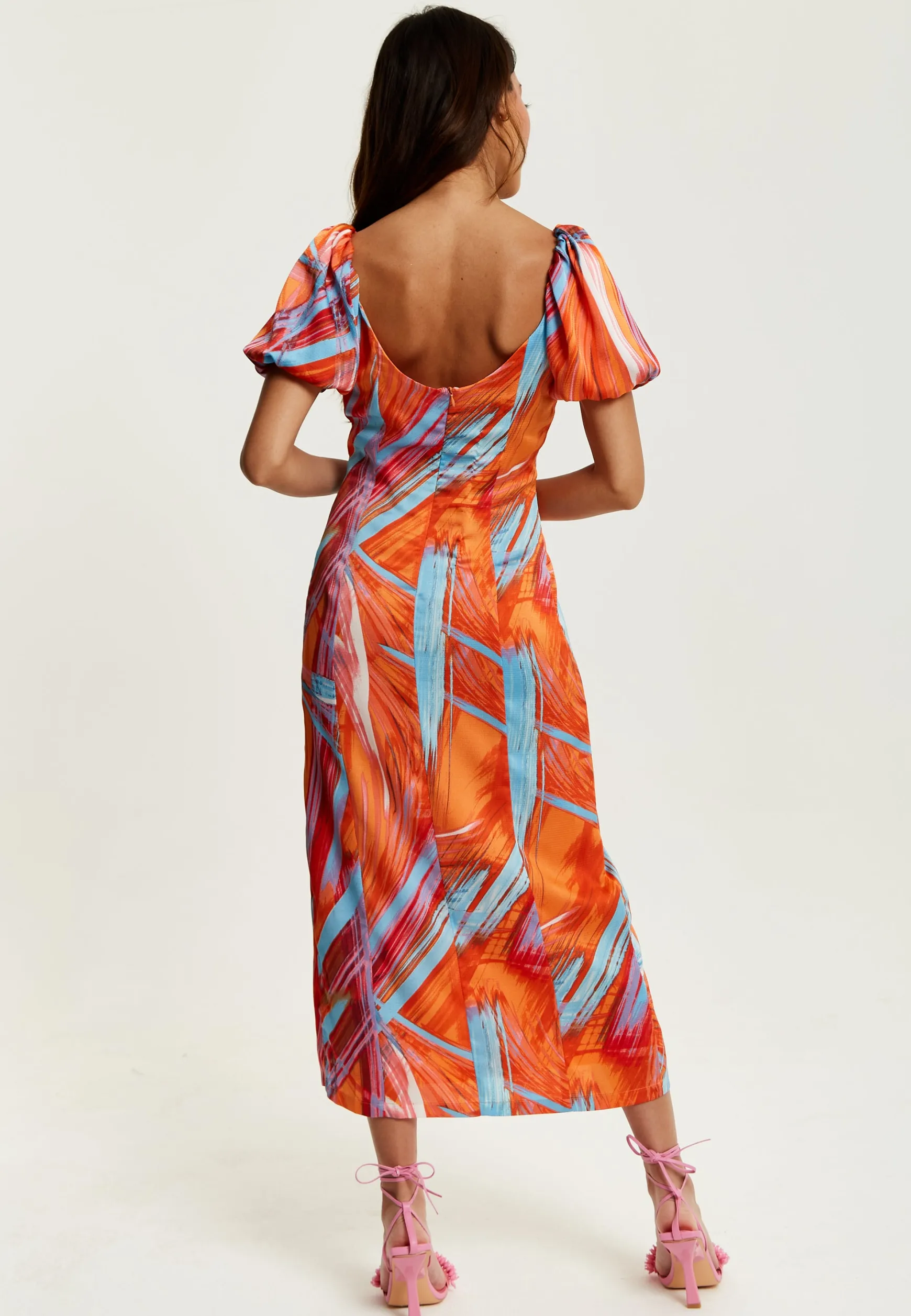 Women's Midi Dress in Orange with Puff Sleeves and Square Neck - Liquorish
