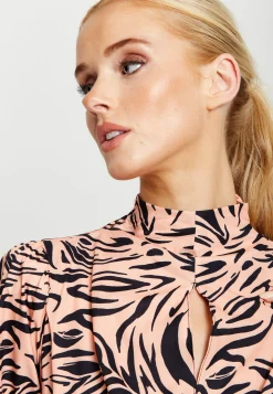 Women’s Midi Dress in Orange and Nude with Long Sleeves and Draped Waist Detail, Liquorish