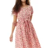 Women's Midi Dress in Pink Floral with Short Sleeves and Lace Trim Details - Liquorish
