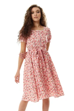 Women's Midi Dress in Pink Floral with Short Sleeves and Lace Trim Details - Liquorish
