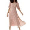 Women’s Midi Dress in Pink with Short Sleeves and Tie Waist - Floral Print by Liquorish