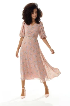 Women’s Midi Dress in Pink with Short Sleeves and Tie Waist - Floral Print by Liquorish