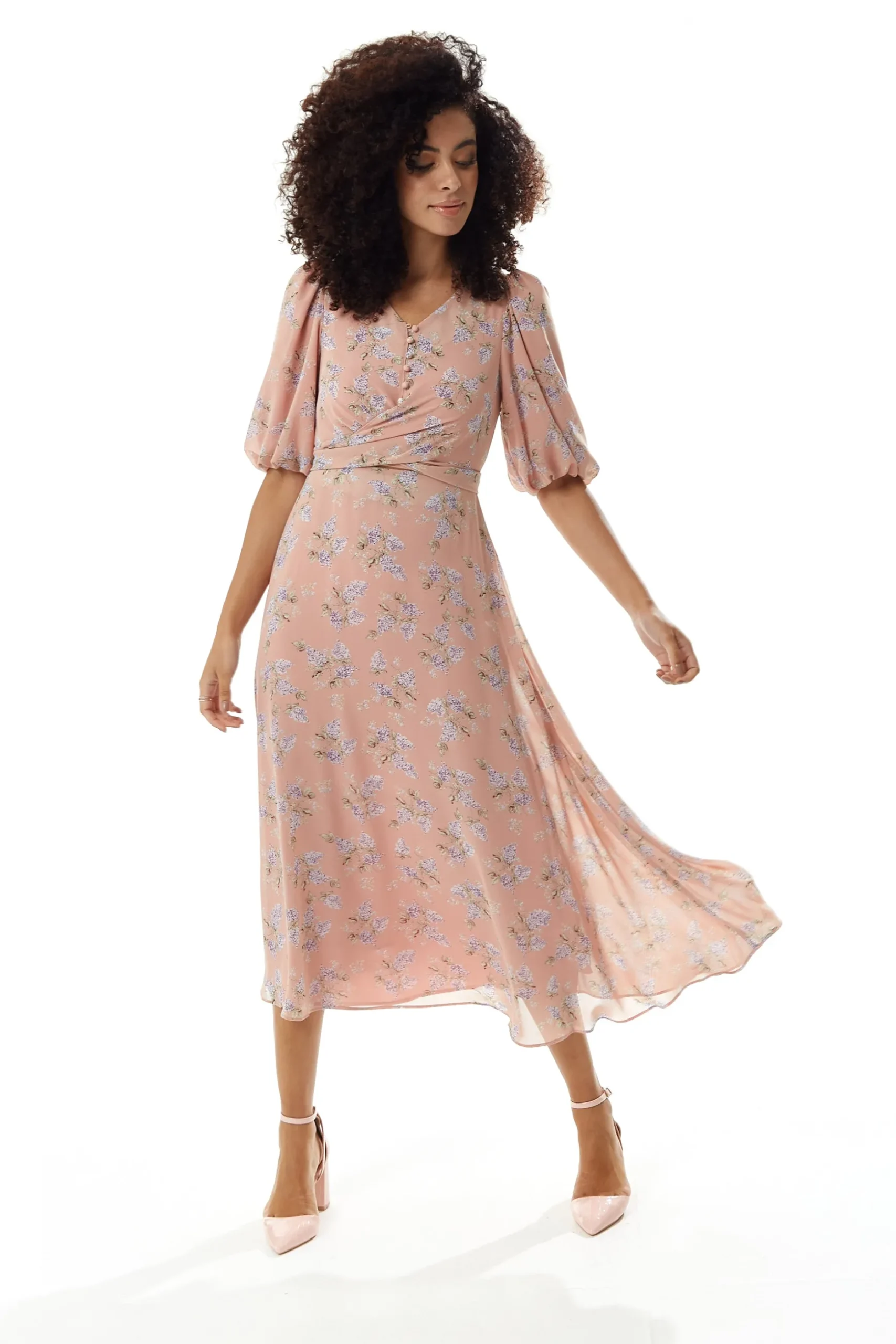 Women’s Midi Dress in Pink with Short Sleeves and Tie Waist - Floral Print by Liquorish