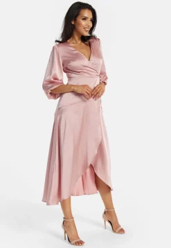 Women's Midi Dress in Pink with Short Puff Sleeves - Elegant Wrap Design by Liquorish