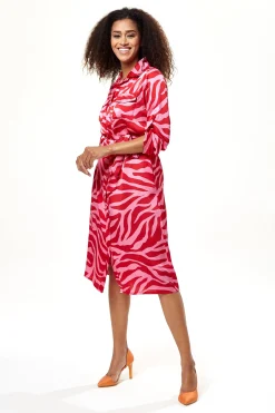 Women's Midi Dress in Pink and Red Zebra Print with Long Sleeves - Liquorish