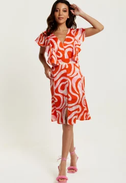Women's Midi Dress in Pink and Red Abstract Print with Frill Details and Short Sleeves - Liquorish