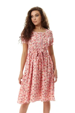 Women's Midi Dress in Pink Floral with Short Sleeves and Lace Trim Details - Liquorish