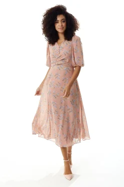Women’s Midi Dress in Pink with Short Sleeves and Tie Waist - Floral Print by Liquorish