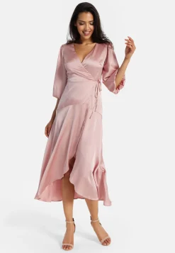 Women's Midi Dress in Pink with Short Puff Sleeves - Elegant Wrap Design by Liquorish