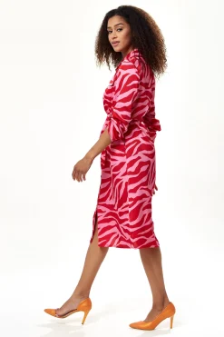 Women's Midi Dress in Pink and Red Zebra Print with Long Sleeves - Liquorish