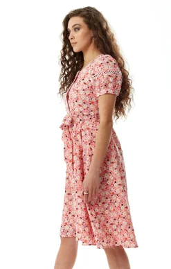 Women's Midi Dress in Pink Floral with Short Sleeves and Lace Trim Details - Liquorish
