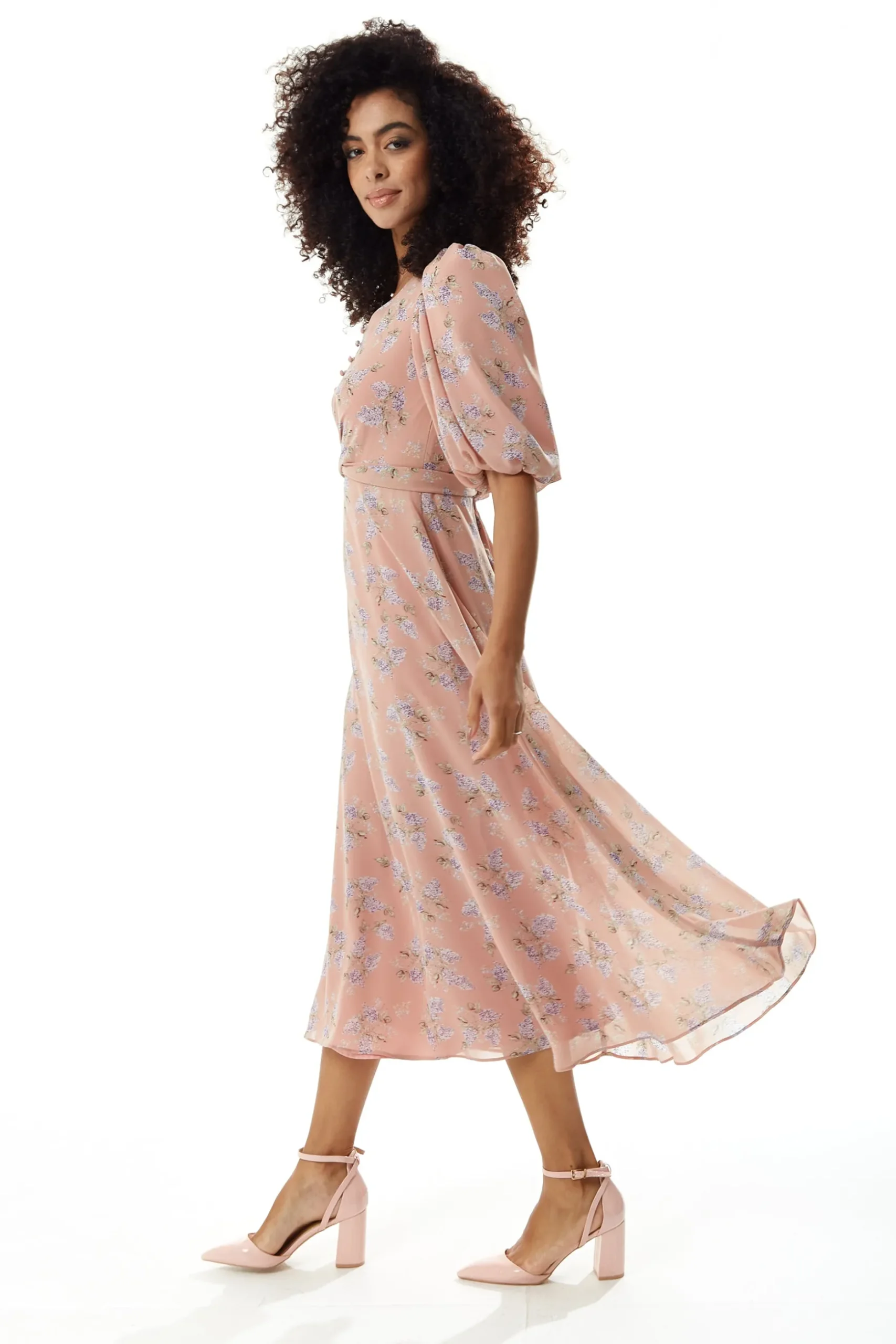 Women’s Midi Dress in Pink with Short Sleeves and Tie Waist - Floral Print by Liquorish