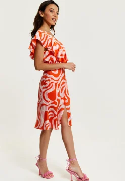 Women's Midi Dress in Pink and Red Abstract Print with Frill Details and Short Sleeves - Liquorish