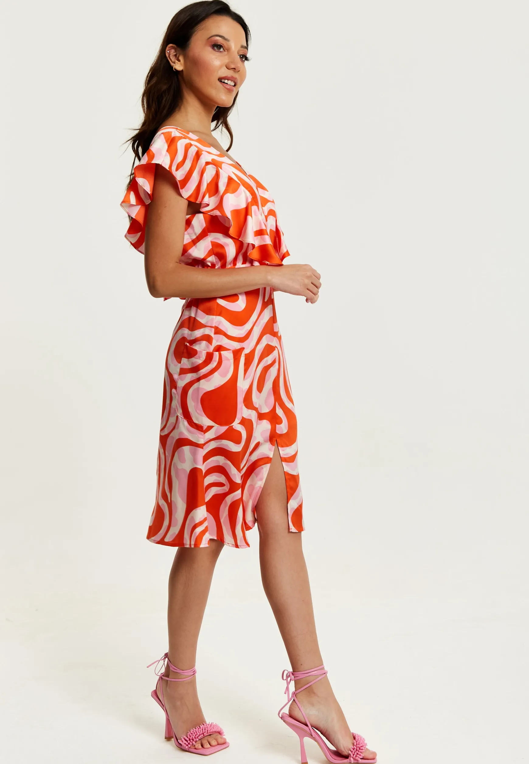 Women's Midi Dress in Pink and Red Abstract Print with Frill Details and Short Sleeves - Liquorish