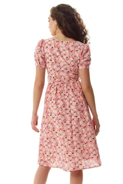 Women's Midi Dress in Pink Floral with Short Sleeves and Lace Trim Details - Liquorish