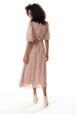 Women’s Midi Dress in Pink with Short Sleeves and Tie Waist - Floral Print by Liquorish