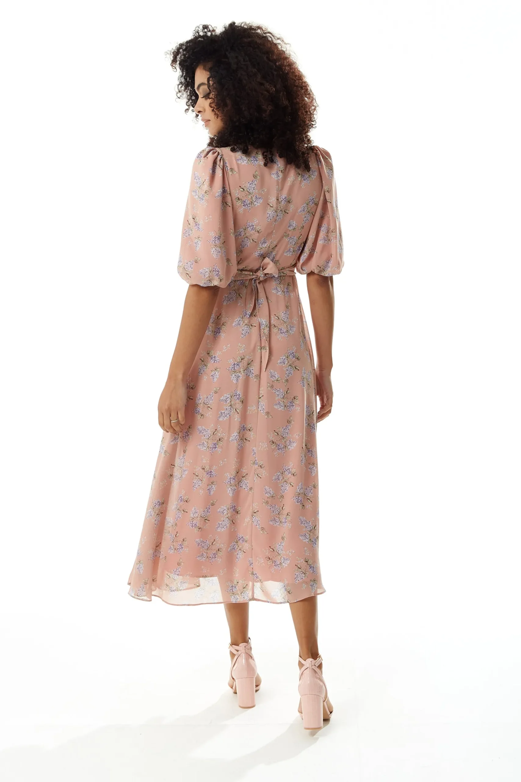 Women’s Midi Dress in Pink with Short Sleeves and Tie Waist - Floral Print by Liquorish