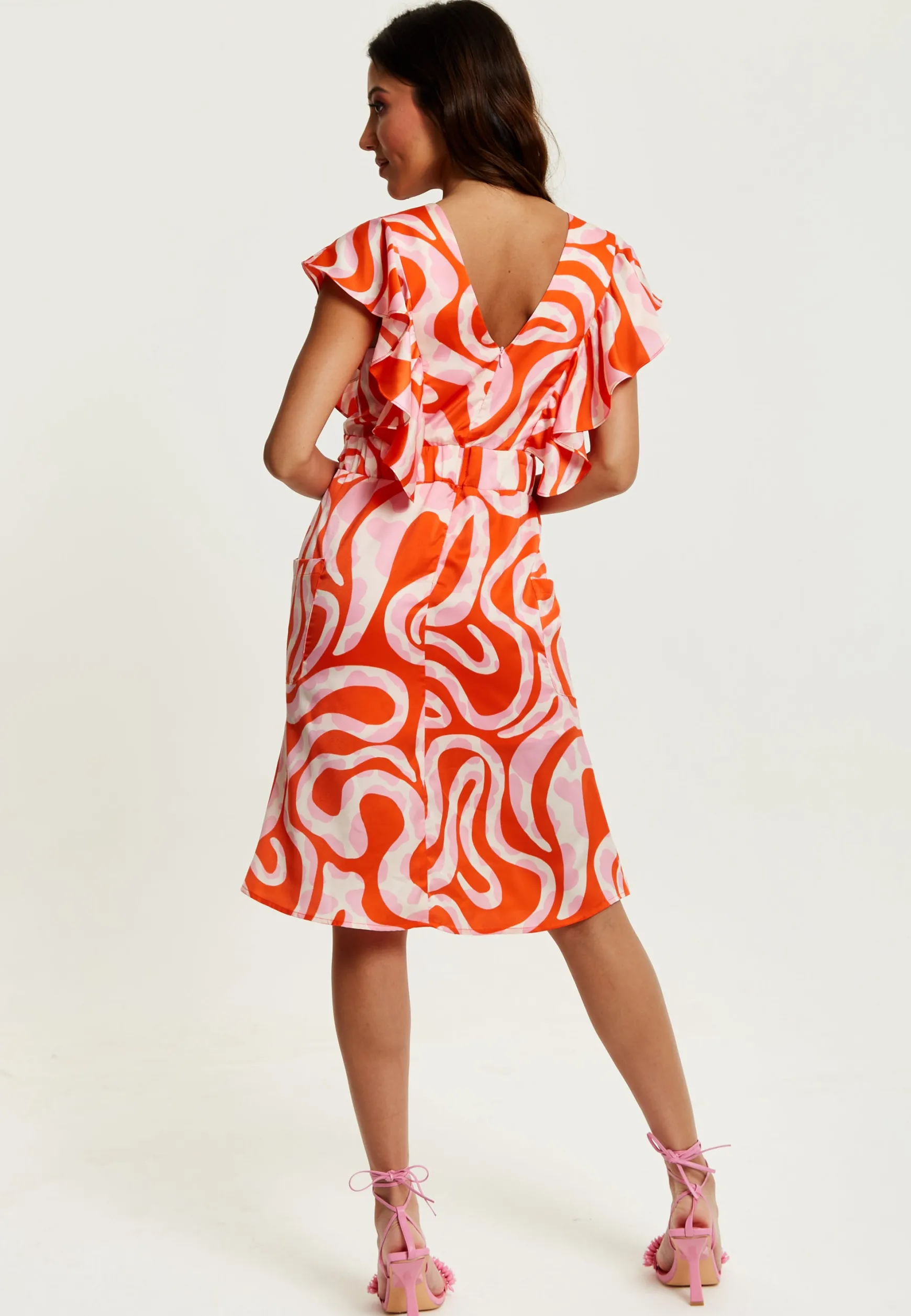 Women's Midi Dress in Pink and Red Abstract Print with Frill Details and Short Sleeves - Liquorish