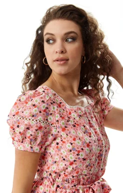 Women's Midi Dress in Pink Floral with Short Sleeves and Lace Trim Details - Liquorish