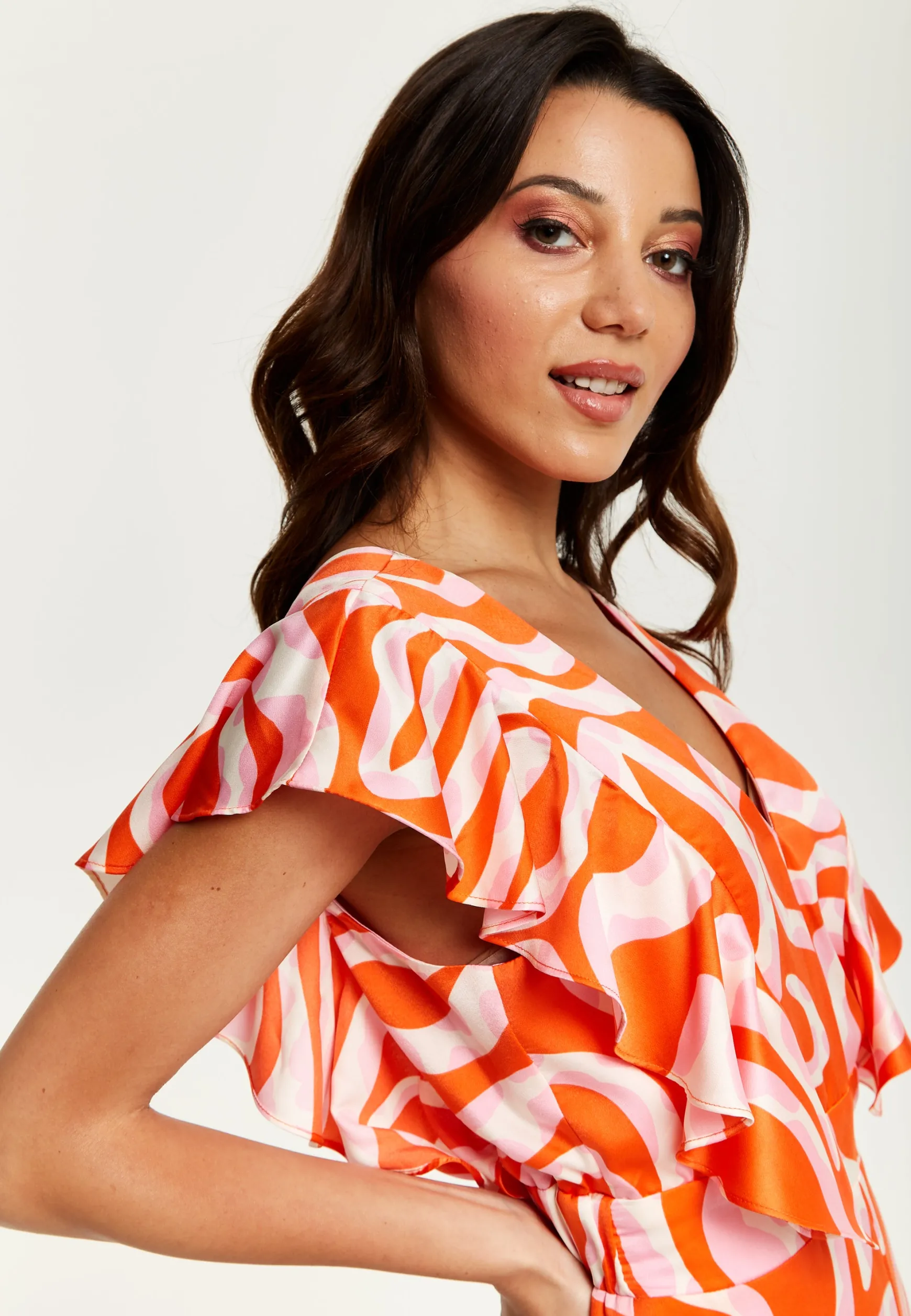 Women's Midi Dress in Pink and Red Abstract Print with Frill Details and Short Sleeves - Liquorish