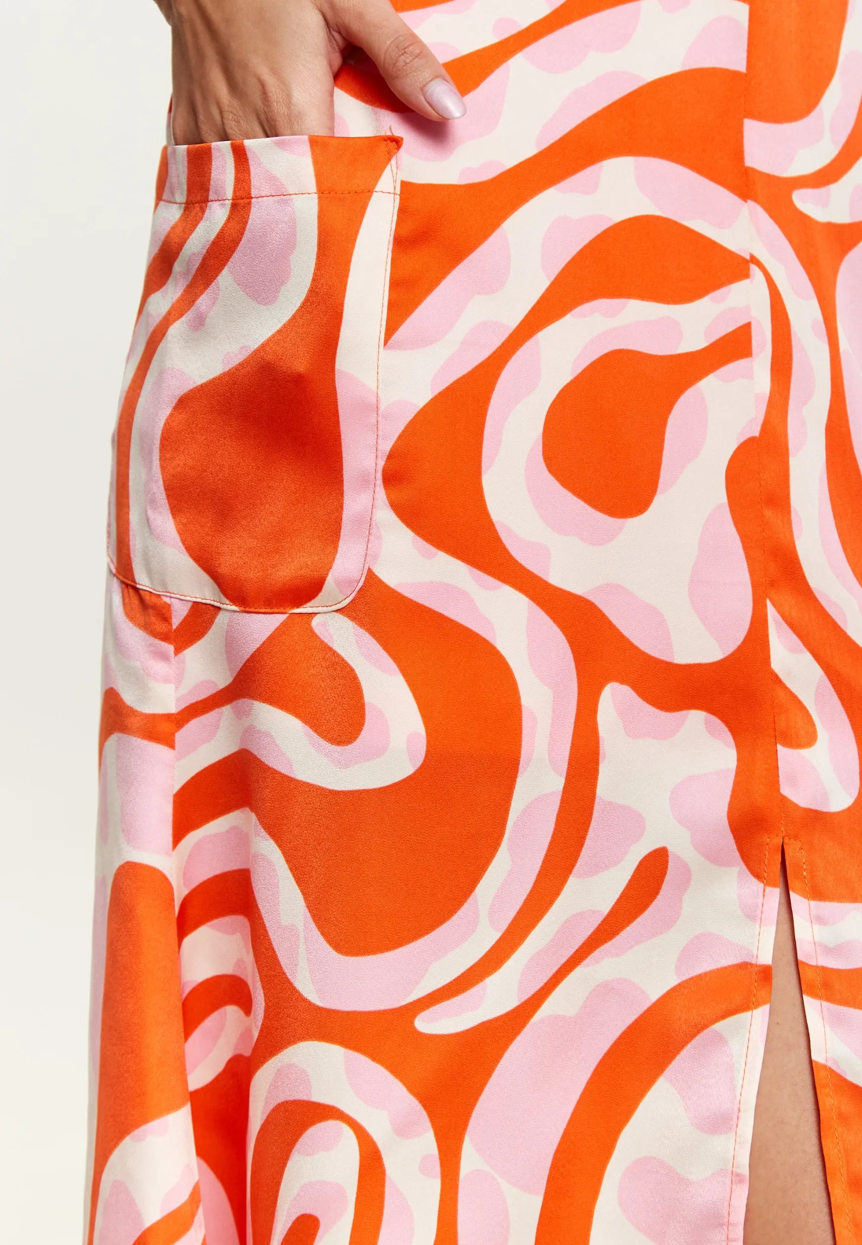 Women's Midi Dress in Pink and Red Abstract Print with Frill Details and Short Sleeves - Liquorish
