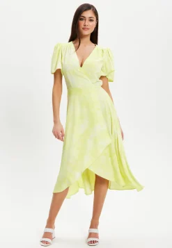 Women’s Midi Dress in Pistachio with Angel Sleeves - Elegant Liquorish Design
