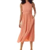 Women's Midi Dress in Plain Orange with Open Back, Sleeveless Design, and Elasticated Waist - Liquorish