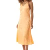 Women’s Midi Dress in Plain Orange with Cami Style and Deep V Neck, Adjustable Straps, Sleeveless - Liquorish