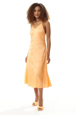 Women’s Midi Dress in Plain Orange with Cami Style and Deep V Neck, Adjustable Straps, Sleeveless - Liquorish
