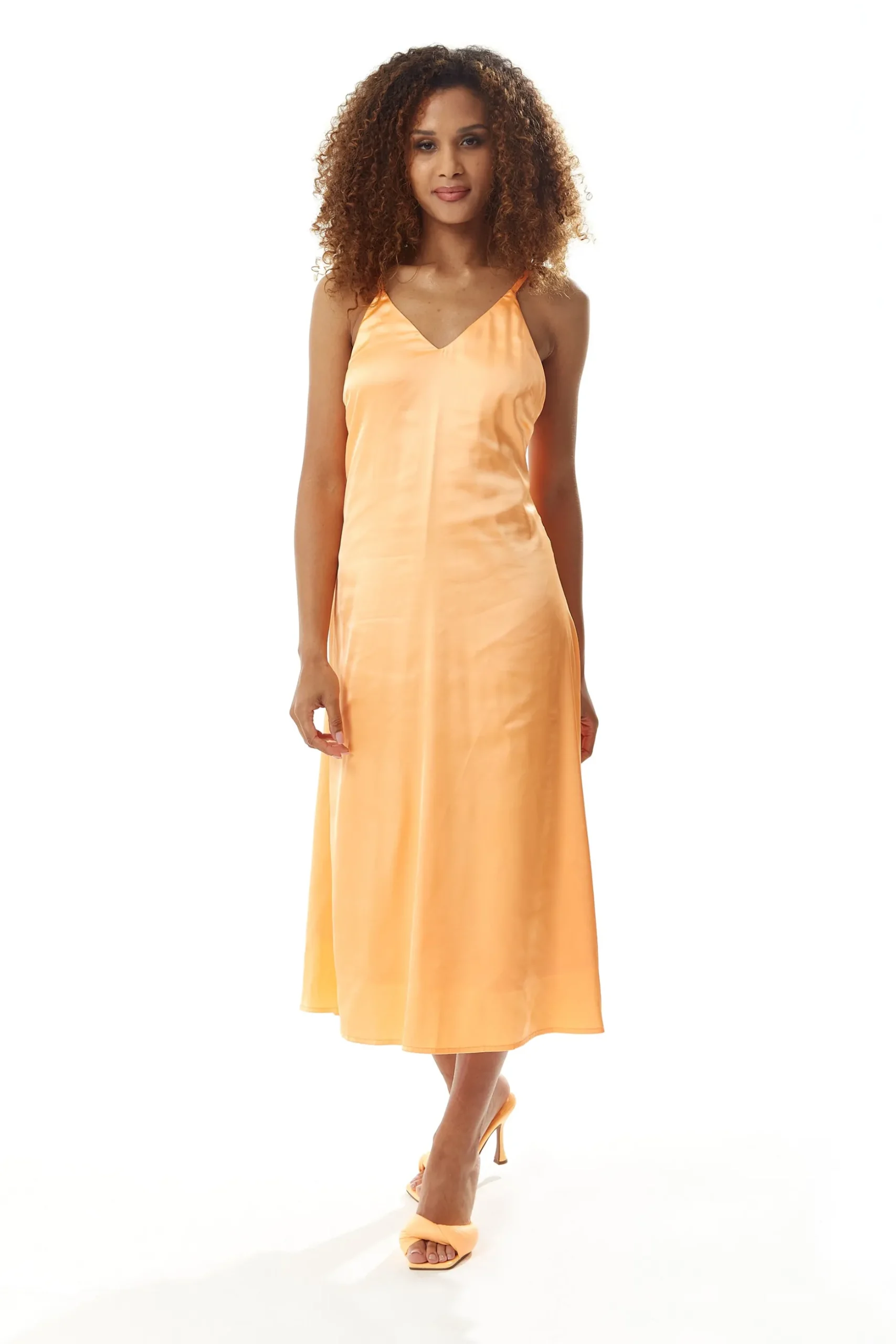 Women’s Midi Dress in Plain Orange with Cami Style and Deep V Neck, Adjustable Straps, Sleeveless - Liquorish