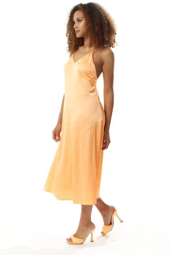 Women’s Midi Dress in Plain Orange with Cami Style and Deep V Neck, Adjustable Straps, Sleeveless - Liquorish