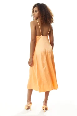 Women’s Midi Dress in Plain Orange with Cami Style and Deep V Neck, Adjustable Straps, Sleeveless - Liquorish