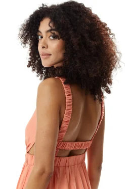 Women's Midi Dress in Plain Orange with Open Back, Sleeveless Design, and Elasticated Waist - Liquorish