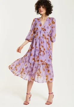 Women's Midi Dress in Purple Floral with V-Neck and 3/4 Kimono Sleeves - Liquorish