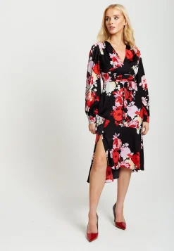 Women's Midi Dress in Red and Pink with Long Balloon Sleeves - Liquorish