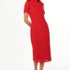 Women's Midi Dress in Red with High Neck, Short Sleeves, and Open Back Detail - Liquorish