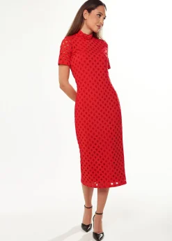 Women's Midi Dress in Red with High Neck, Short Sleeves, and Open Back Detail - Liquorish
