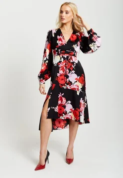 Women's Midi Dress in Red and Pink with Long Balloon Sleeves - Liquorish